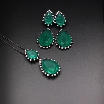 

Big Water Drop Fusion Stones Pendant Necklace Stud Earrings Jewelry Sets For Women Cubic Zirconia Charms Long Earring Jewelry