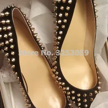 ALMUDENA/Лидирующий бренд; женские пикантные черные замшевые туфли-лодочки с острым носком и золотыми заклепками; Узкие туфли на шпильке с золотистыми шипами; туфли под банкетное платье