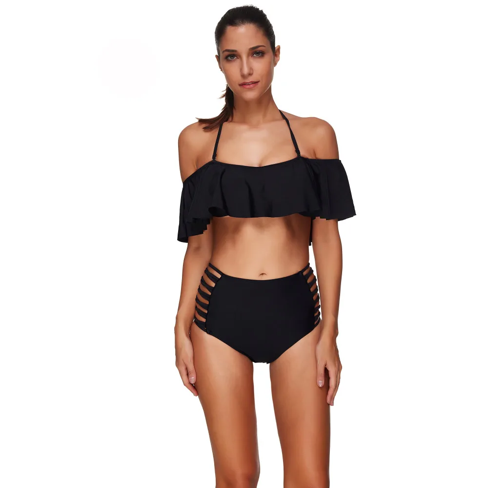 TCBSG White Bandeau Bikini Set Frill Lap Top High Waist Swimsuit