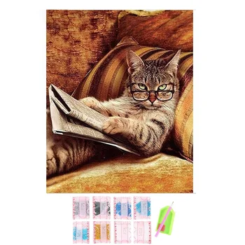 

Glasses Cat Lying On The Sofa Reading Book,Diy Diamond Embroidery,5d,Cat,Diamond Painting Cat
