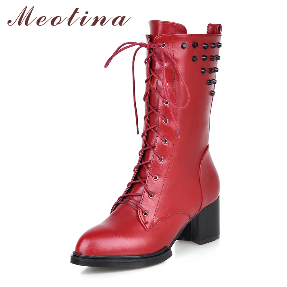 

Meotina Motorcycle Boots Women Shoes Rivets Block Heel Med-Calf Boots Pointed Toe High Heel Boots Female Winter Red Big Size 43