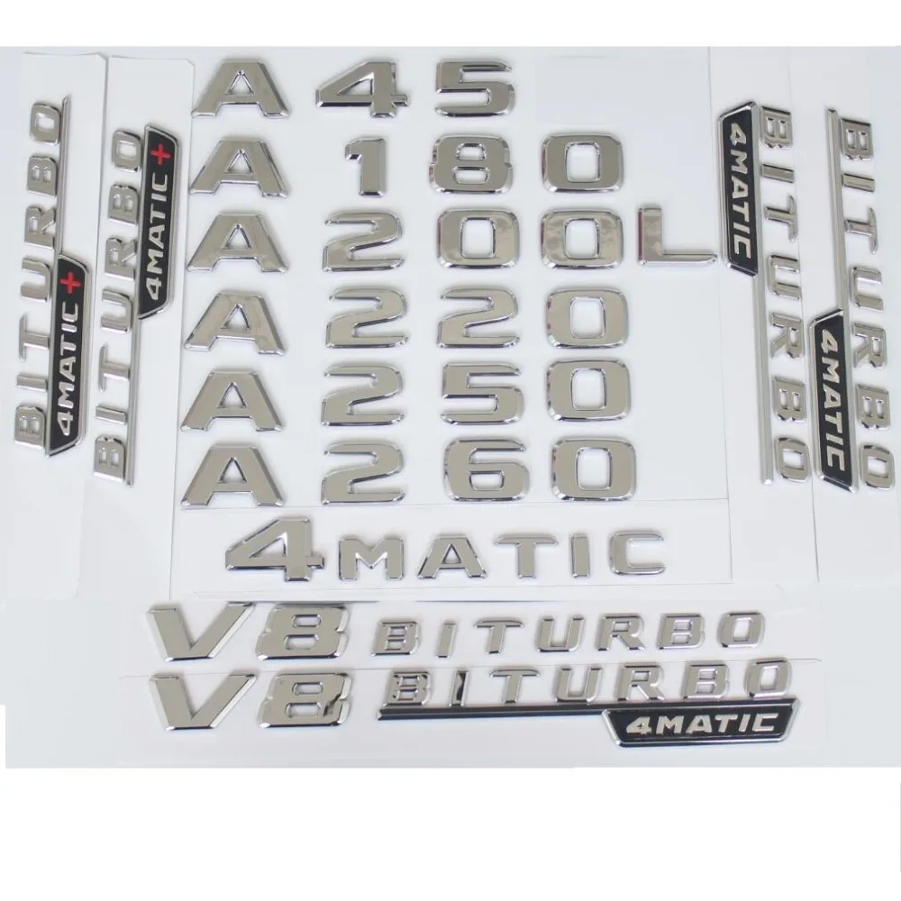 

Shiny Silver Chrome Rear Trunk Letters Badges Emblems for Mercedes Benz A35 A45 AMG A180 A200 A250 A260 V8 BITURBO 4MATIC W176