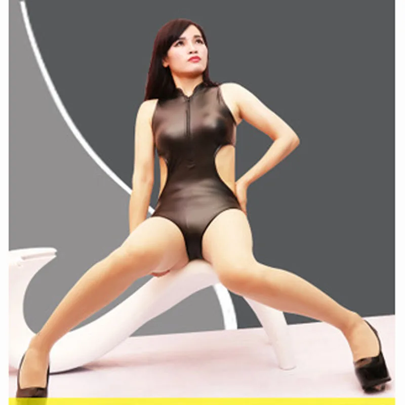 

Zipper Open Front Hollow Out Backless Latex Catsuit Sexy Black Bodysuits Women One Piece Swimwear Sukumizu Teddies Leotard Mujer