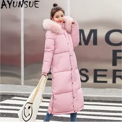 AYUNSUE, женская зимняя куртка, женская, с капюшоном, розовый, большой мех, хлопок, длинное пальто, женские куртки, толстая, с подкладкой, парки