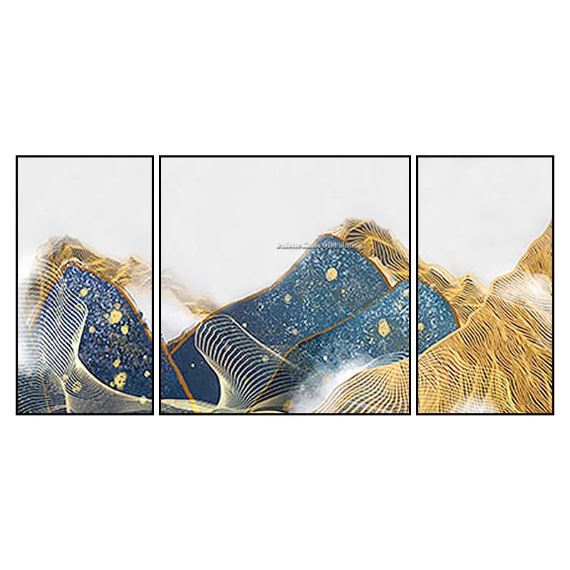 3 pieces abstract blue gold mountain painting on Canvas acrylic painting Wall art Pictures for living room quadros caudros decor