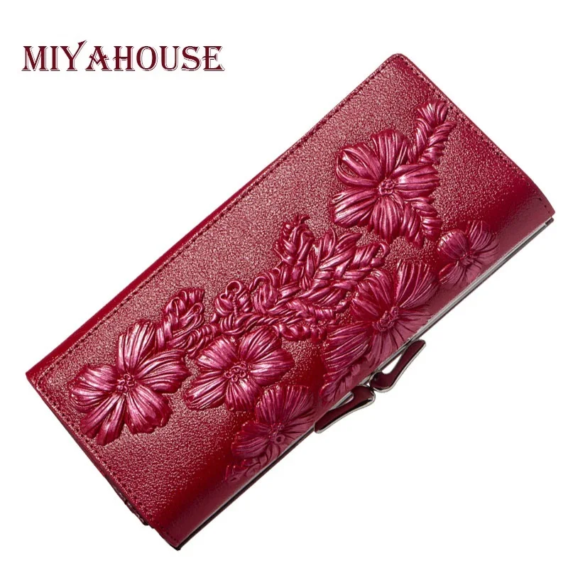 

Miyahouse Luxury Floral Embossed Leather Wallet Women Long Design Genuine Leather Lady Clutches Card Holder Hasp Purse Female