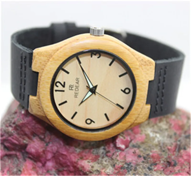 2016 HOT Bamboo Wooden Fashion Casual Lovers Women Man Wristwatch Leather strap Analog Quartz Watch Masculino