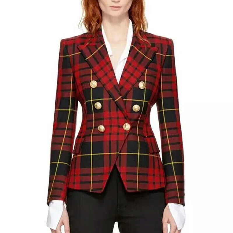 

2018 Euramerican New Popular Polyester Full Sleeve Plaid Double Breasted Notched Lion Head Button Office Lady Slim Fit Blazers