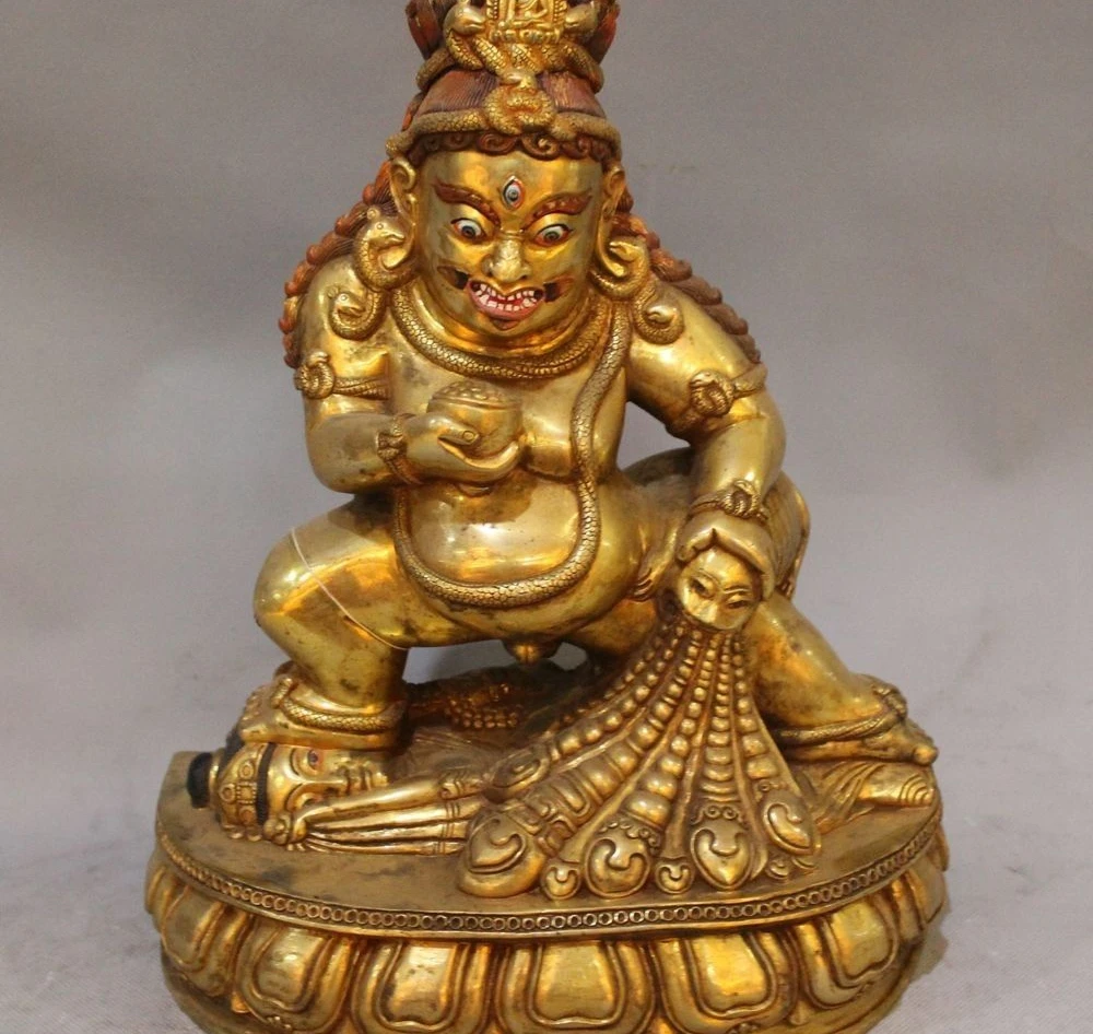 

11" Tibet Buddhism Temple Bronze Gold Black Jambhala Mammon God Buddha Statue