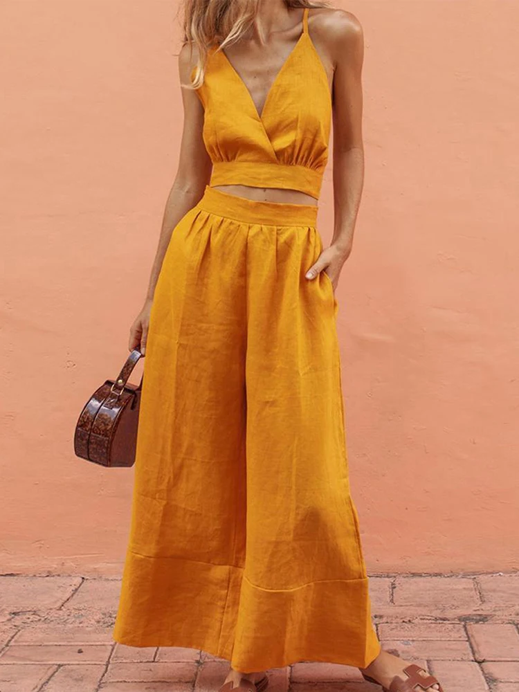 

V-neck Cross Strap Crop Tops Trousers Set 2019 Summer Two Piece Set Tied Bow Wrap Tops and Long Pants Casual Women's Suits