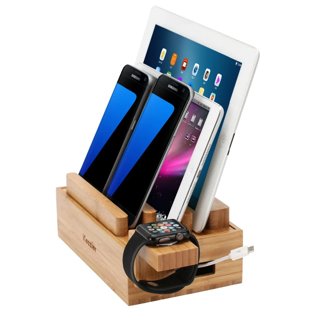 

iCozzier Mini 3-slots Bamboo Watch Stand Multi-device Charging Station and Cord Organizer Stand Dock