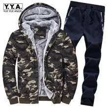Новая мужская зимняя теплая Меховая подкладка спортивный костюм Повседневное с камуфляжным принтом пальто с капюшоном полной длины спортивные костюмы мужские больших размеров костюм