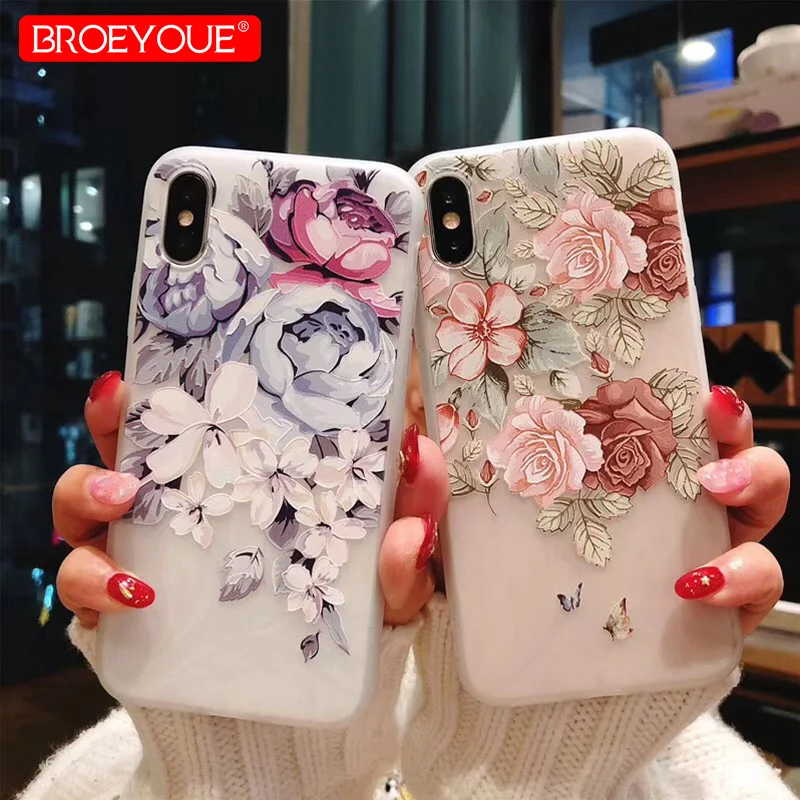 BROEYOUE чехол для iPhone 7 6 6S 8 Plus X 5 SE 3D Рельефный цветок Мягкий ТПУ силиконовый XR XS MAX
