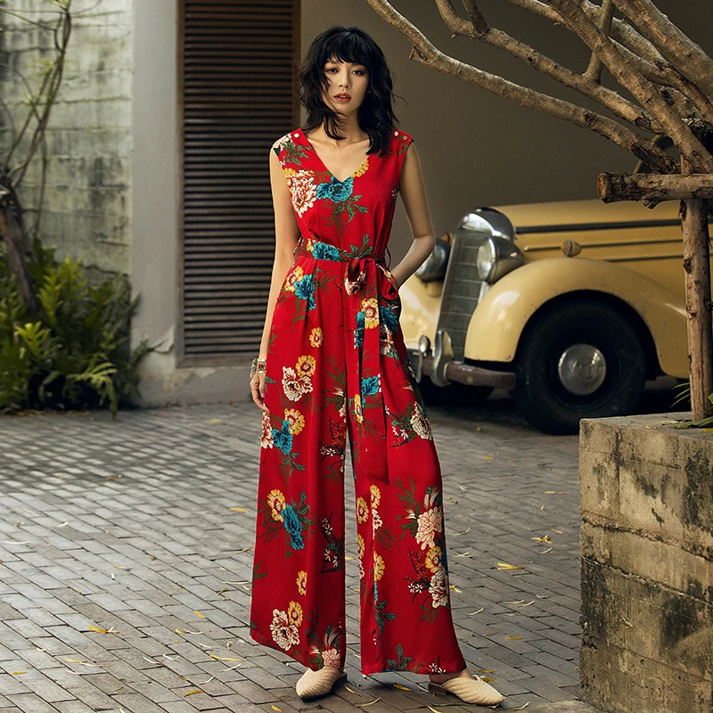 

Women sleeveless red floral jumpsuit vintage fashion france floral jumpsuits overalls new 2019 summer