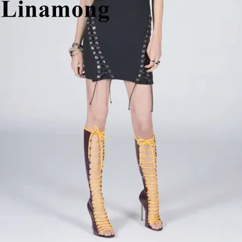 

Newest Mixed Color Cross-tied Fashion Women Shoes Summer Sexy Thin High Heel And Open Toe Hottest Knee-high Boots