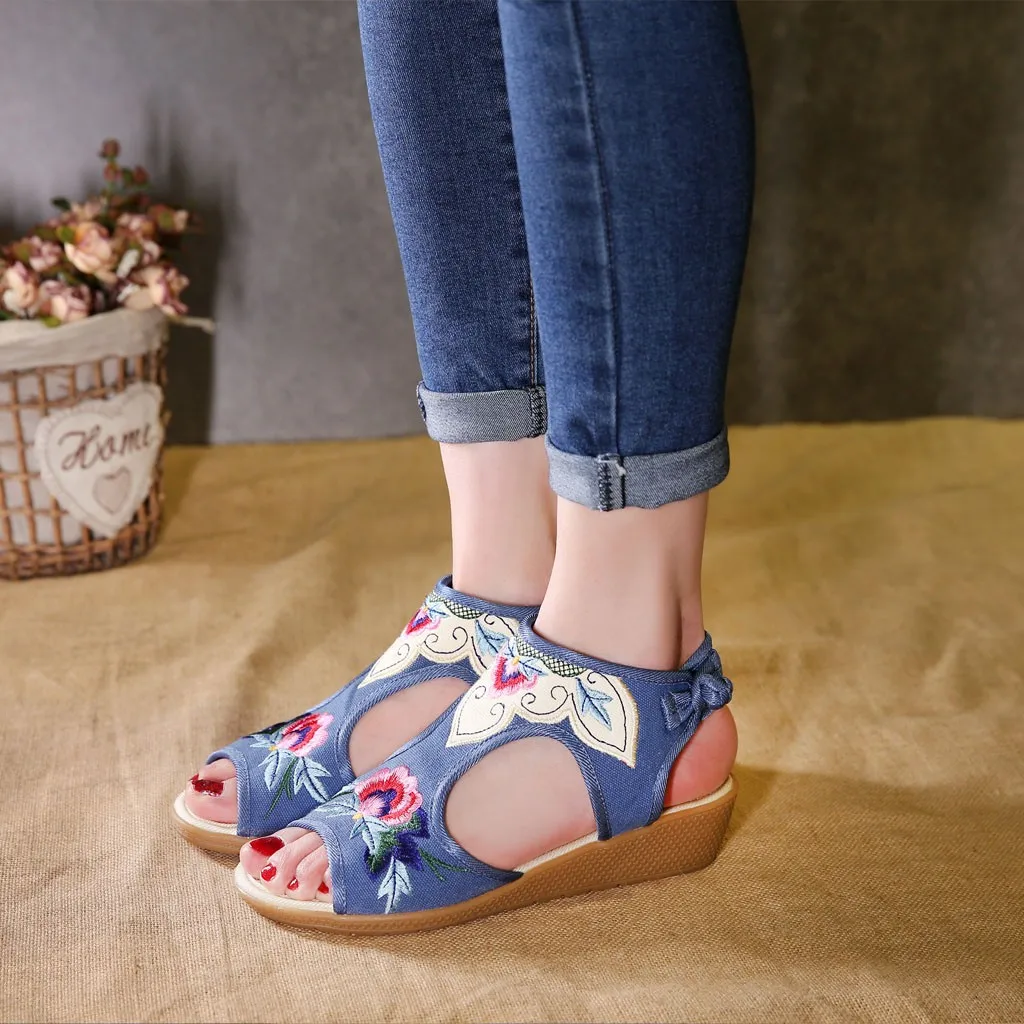 

Elegant Embroidery Ladies Sandals Women 2019 Wedges Shoe Matching Fish-Mouth Retro National Embroidered Shoes Zapatos De Mujer