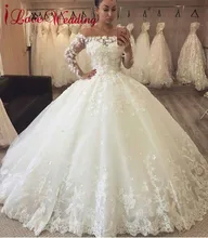 iLoveWedding Vestidos de noiva Boat Neck Long Sleeves Lace Embroidery Natural Waist Ball Gown Wedding Dresses