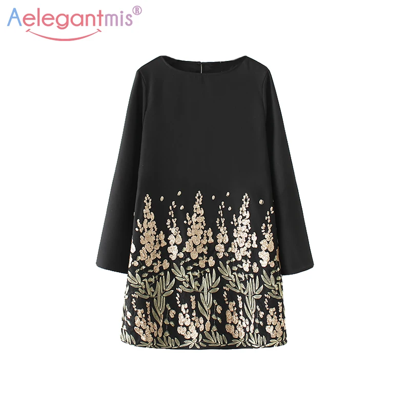 

Aelegantmis Autumn Winter New Arrival Women Black Vintage Long Sleeve Embroidery Mini Dress Ladies Casual O-Neck Straight Dress