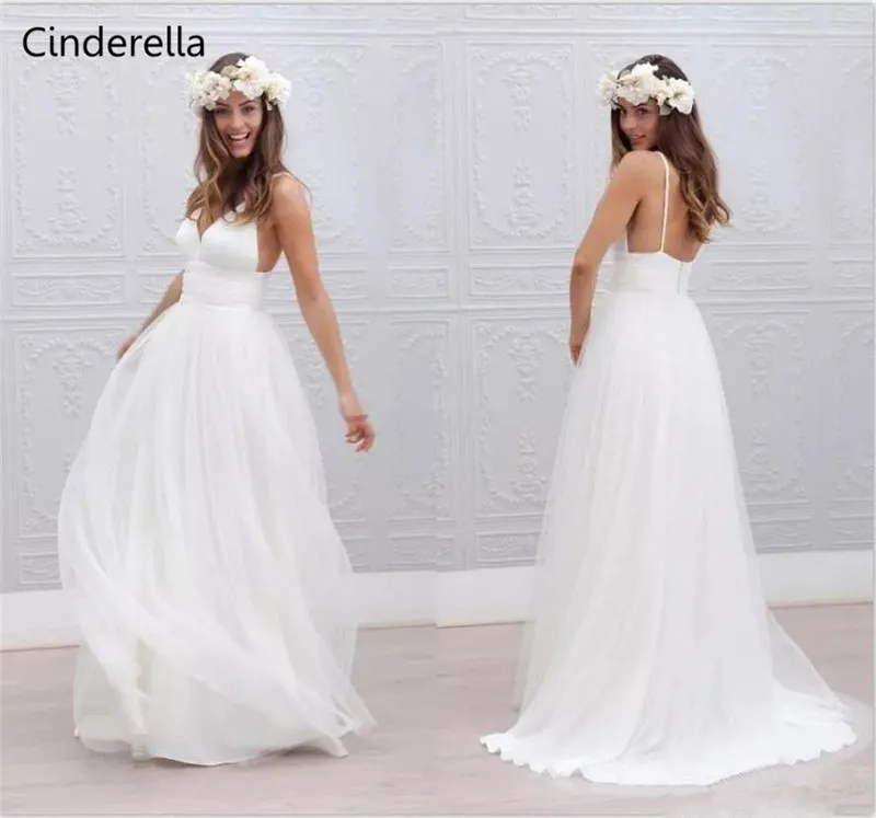 Cinderella V-Neck Spaghetti Straps Backless A-Line Covered Button Chiffon Wedding Dresses Open Back Chiffon Bridal Dresses