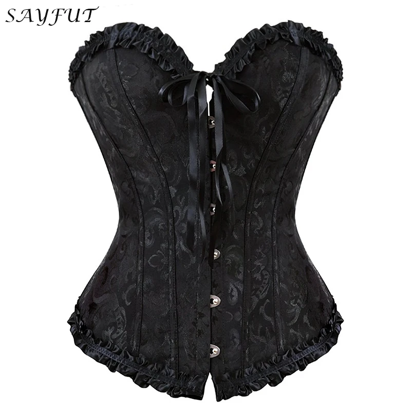 

SAYFUT Women's Black Lace Up Boned Overbust Waist Trainer Corset Bustier Bodyshaper Brocade Steampunk Corsets Top Sexy lingerie