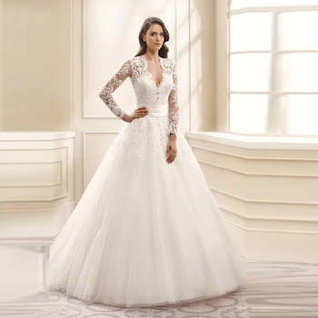 

2019 New Elegant V-neck Boho Turkey Long Sleeve Appliques Lace A-line Wedding Dresses 2019 Bridal Gowns Vestido De Novia