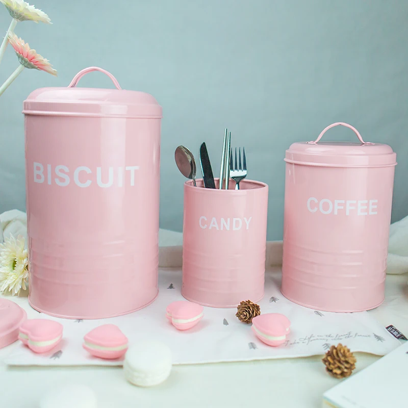 

New Creative 3pcs Set Pink Storage Bottle with Cover Coffee Candy Biscuit Pot Snack Bucket Desktop Garbage Bin Desktop Box
