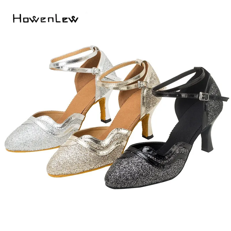 

Modern Women's Dance Shos Customized Heels Sequined Glitter Latin/Ballroom/Tango/Salsa Suede Dancing Shoes Black/Silver/Gold