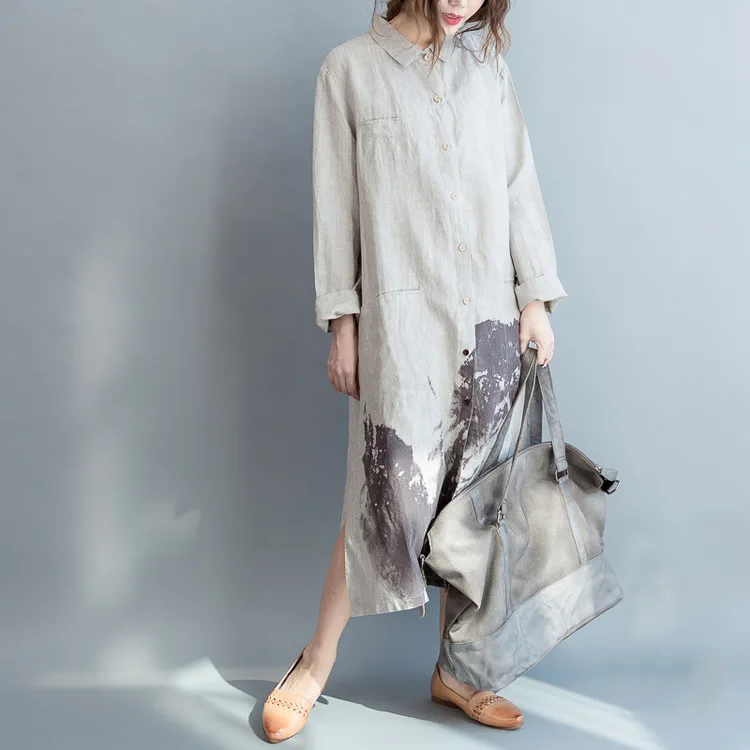 LZJN Vintage Painting Style Summer Long Dress Long Sleeve Shirt Woman Lady Loose Big Size Casual Fashion Button Down Shirt Dress (9)