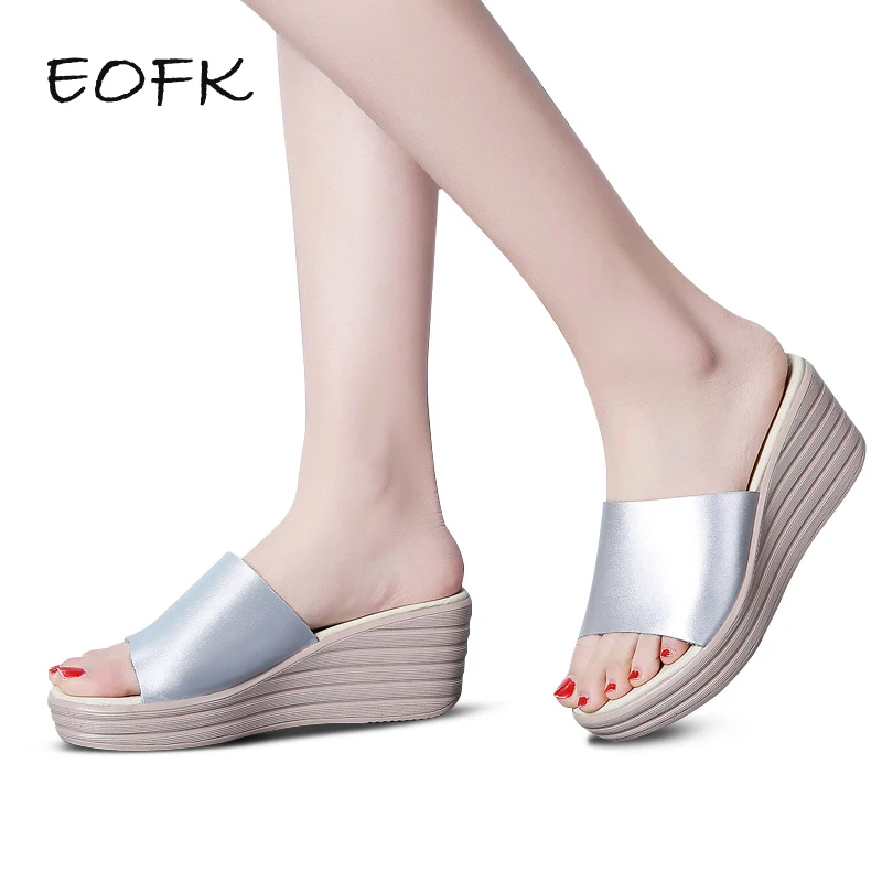 

EOFK Summer Women Wedges Slippers Silver Women's Platform Slides Fashion Outside Ladies High Heel Slippers Shoes Woman