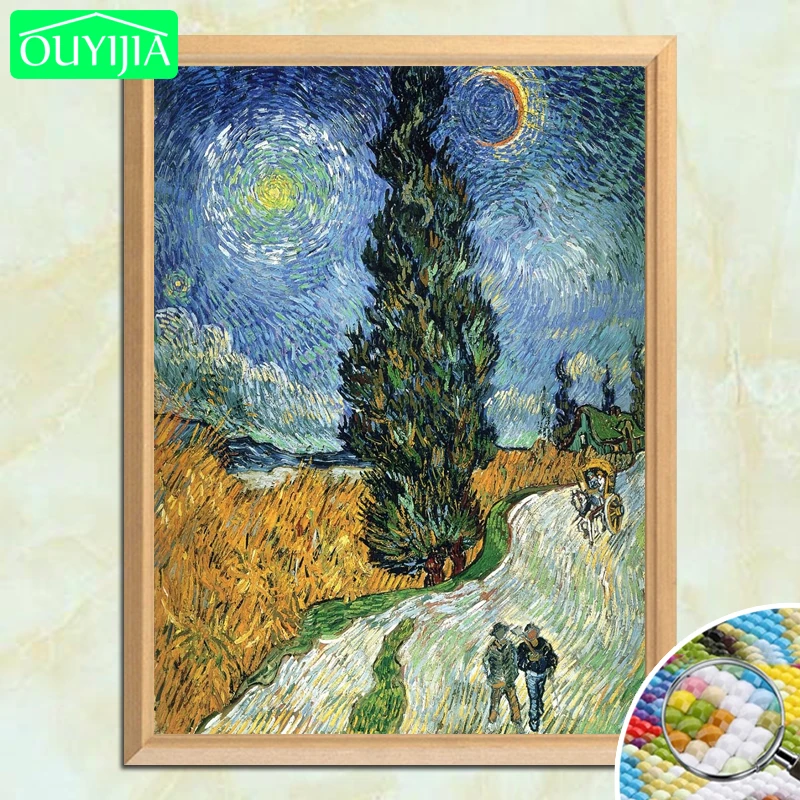 

Van Gogh's famous painting cypress road 5D DIY diamond painting full square diamond embroidery rhinestone decorative picture