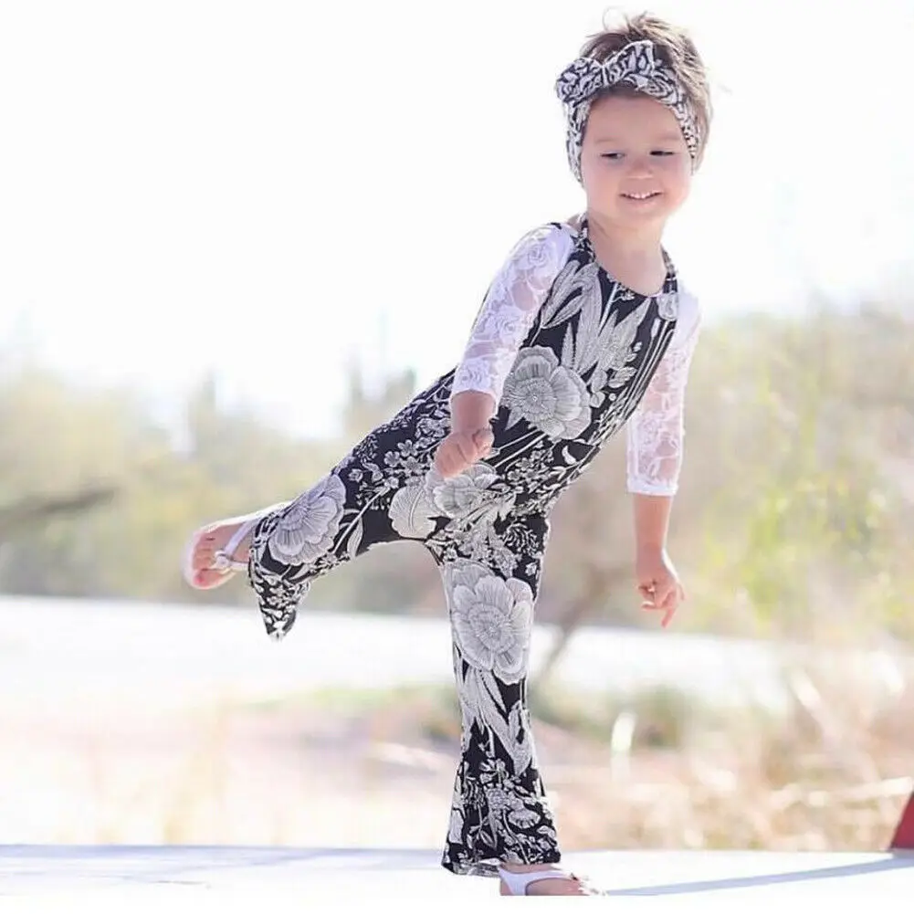 

Fashion Summer Baby Girls Clothing Set Lace Floral Long Sleeves T-Shirt+Lace Up Romper+Headband 3Pcs Kids Children Outfits Suits