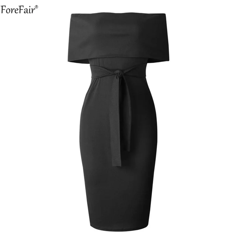 ForeFair с плеча карандаш миди платье летние пояса короткий рукав Черный Bodycon Платье Для женщин спинки Мода Vestido