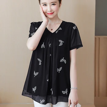 

2019 New Summer Spring Korean Chiffon Blouse Women Short Sleeve Shirts Women Elegant Loose Blouse Female Blusas Plue Size 5XL