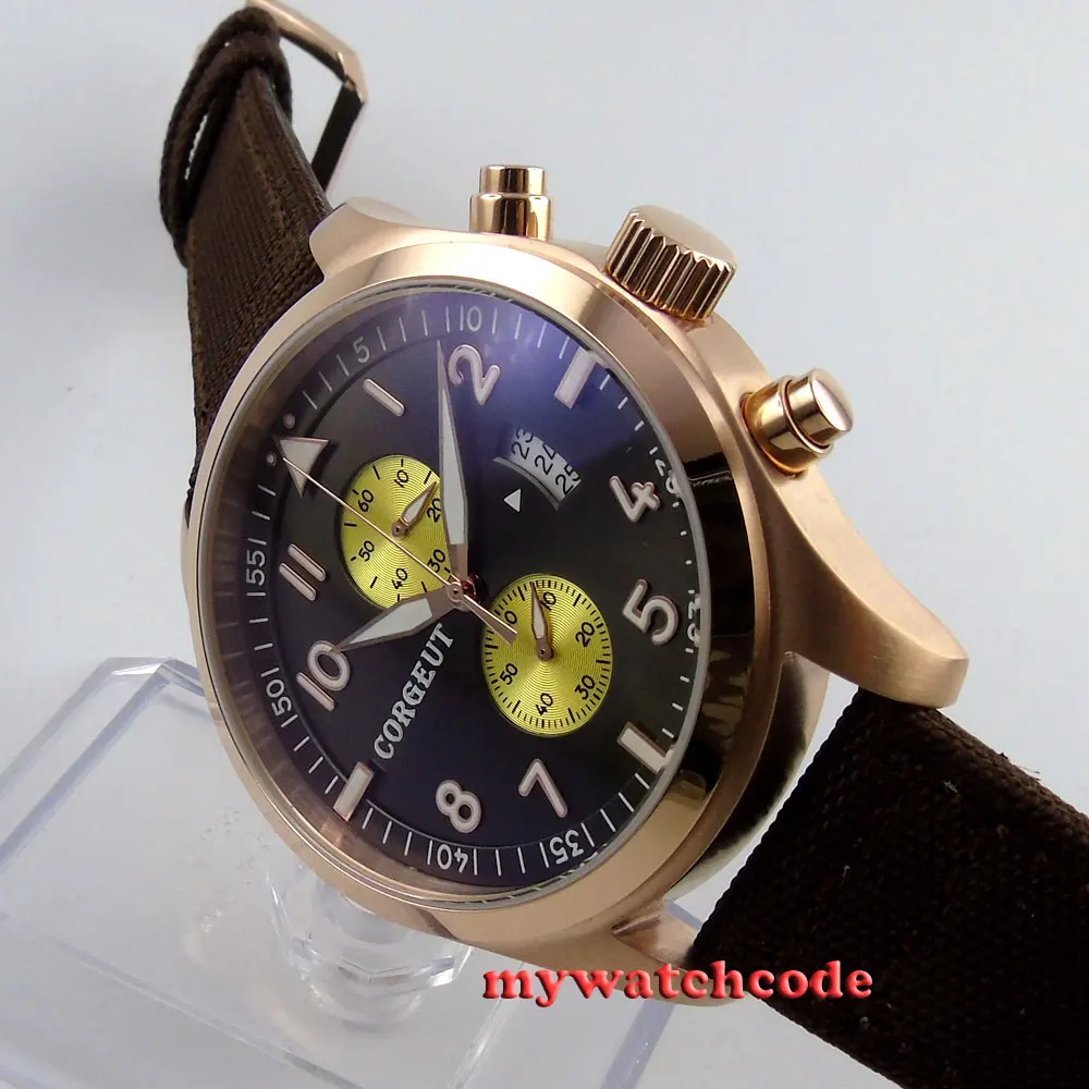 

46mm corgeut grey dial stop hand quartz full chronograph mens watch C26