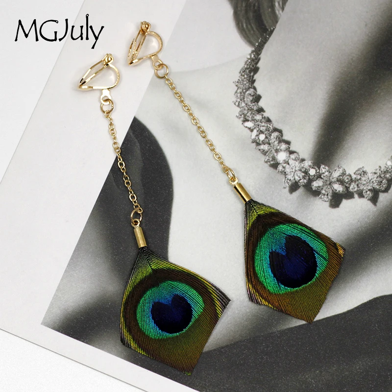 

Peacock Feather Earrings Non Pierced Ear Clips Natural Feathers Clip Earrings Without Piercing Women Long Earring Jewelry CE100