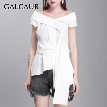 

GALCAUR Casual Solid Shirt For Women One Shoulder Sleeveless Bandages Slim Blouse Female Fashion Clothing Summer 2020 New
