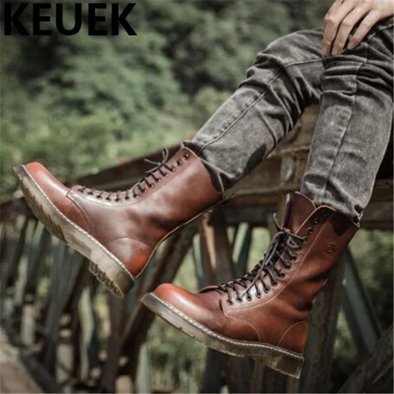 Big size Vintage Men Mid-Calf Army boots Lace-Up Genuine leather Motorcycle boots Non-slip Wear-resistant Outdoor work boots 3A