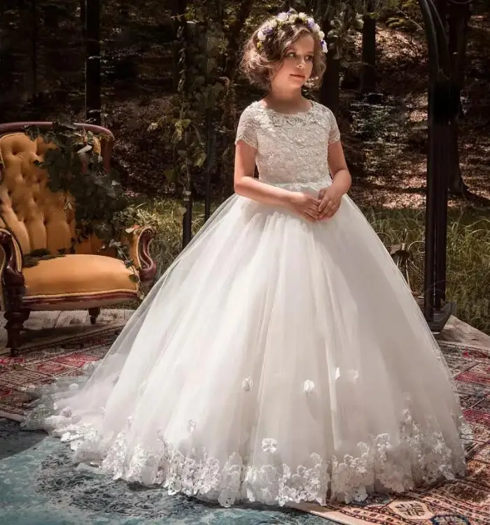 White-Ball-Gown-3D-Floral-Appliqued-Flower-Girls-Dresses-For-Wedding-Lace-Little-Kids-First-Communion