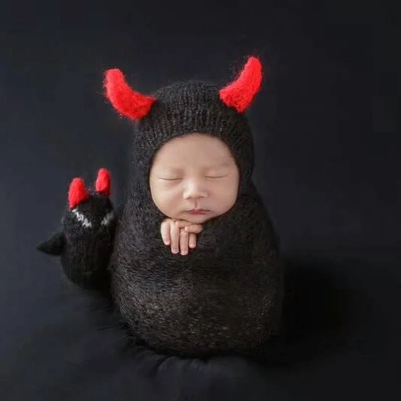 

Newborn Mohair Little Devil Hat+Wrap+Doll for Baby Photography Props bebe fotografia Accessories Baby Photo Shoot Cartoon Props