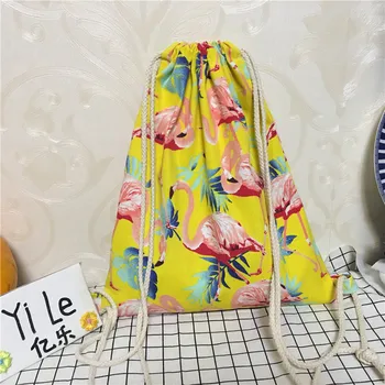 

YILE Cotton Canvas Drawstring Travel Backpack Book Shoes Bag Flamingo Leaf Yellow 8318c