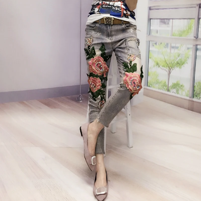 Europe Style Jeans Women Slimming Boyfriend Trousers Slim Rose Embroidery Gold Fashion Sequins Spring and Autumn Denim Pants Europe Style Jeans Women Slimming Boyfriend Trousers Slim Rose Embroidery Gold Fashion Sequins Spring and Autumn Denim Pants