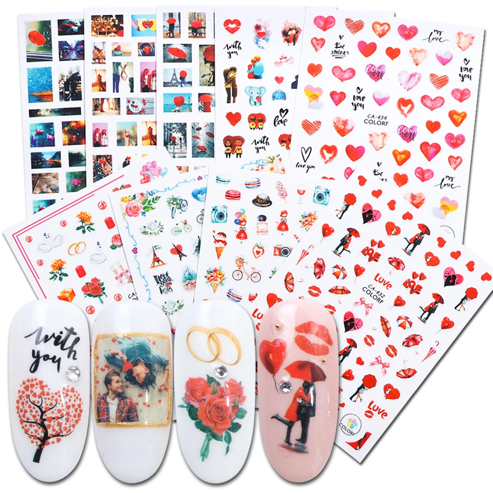 

1pc Nail Stickers 3D Decal Adhesive Sliders Nail Wraps Polishes Valentine Lover Romantic Flower Manicure Decorations BECA428-436