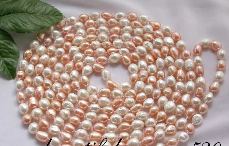 

Z1956 NATURAL 100" baroque 11mm pink white freshwater pearl necklace