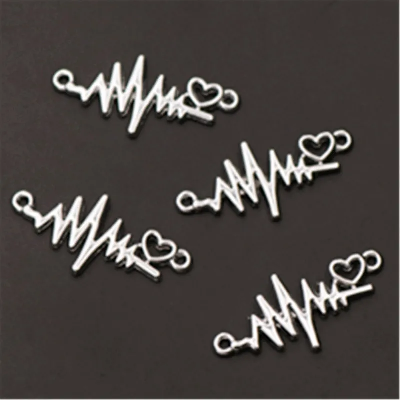 

WKOUD 6pcs New Antique Silver ECG and Peach Heart Charm Fashion Bracelet Necklace DIY Metal Jewelry Alloy Connectors A991
