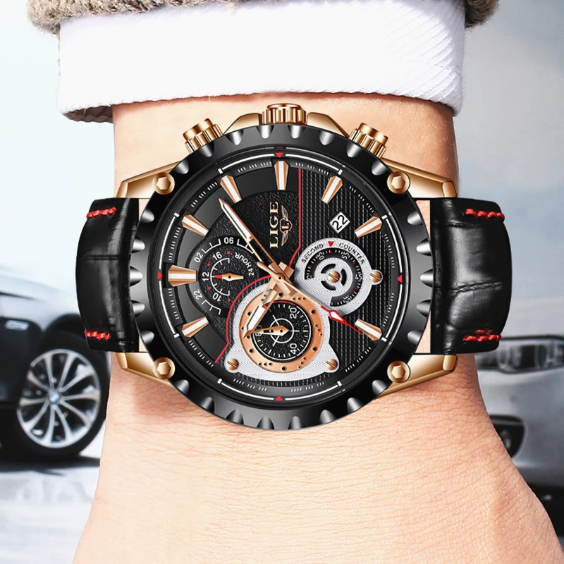 LIGE Mens Watches Top Brand Luxury Quartz Gold Watch Men Casual Leather Military Waterproof Sport Wrist Watch Relogio Masculino