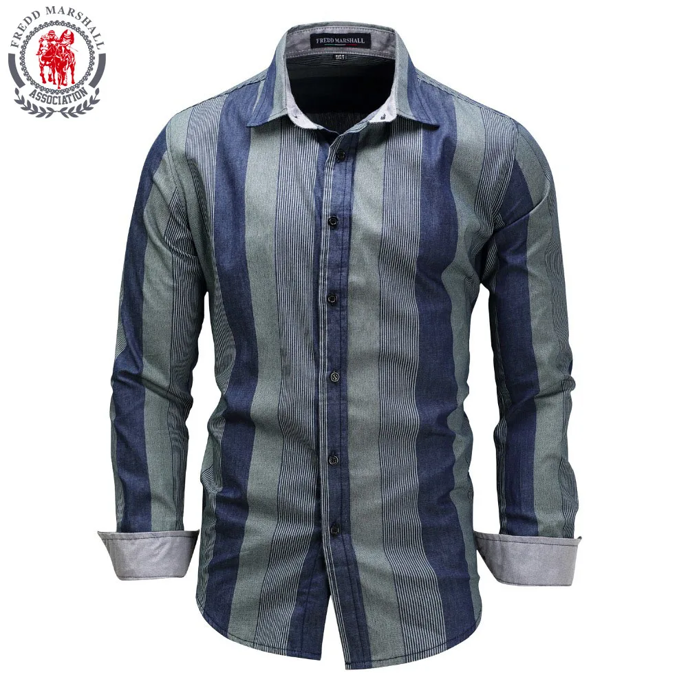Top brand Men's Denim Shirts Men Long Sleeve Striped 100 Cotton Male