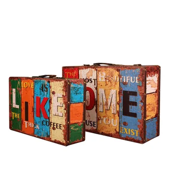 

European Leather Retro Suitcase Storage Large Box Luggage Window Display Photography Props Wooden Suit Box Clothes Storage Case