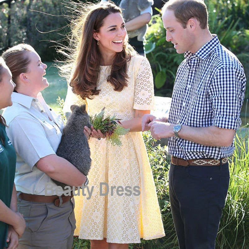 

New Cutout Kate Middleton Princess Dress Elegant Yellow A-Line Dresses 1132