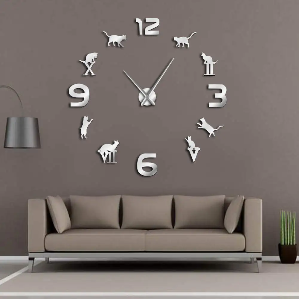 Римские арабские цифры смешанные DIY большие настенные часы Kitty Cat силуэт настенные художественные гигантские настенные часы современный дизайн домашний декор часы