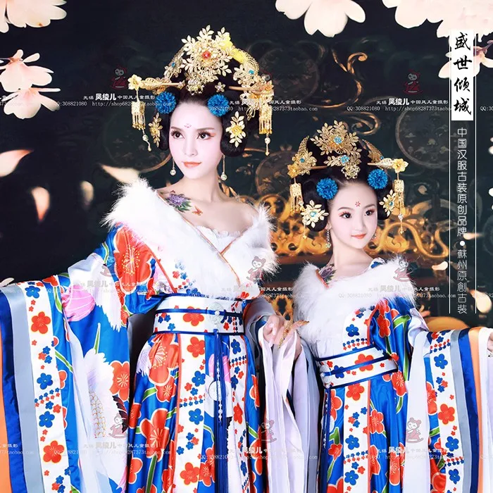 Shengshiqingcheng ТВ играть легенда о Тан императрица Ву Мэй Ньянг же Дизайн Синий принт Императрицы Костюм для мамы и дочки костюм комплект